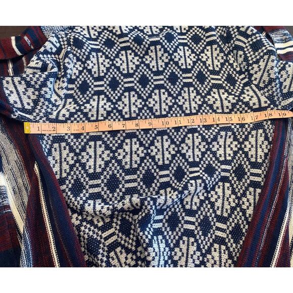 Cozy Boho Southwest Fringe Cardigan Sweater Open Front Waterfall Hem Blue Red L - Picture 6 of 8